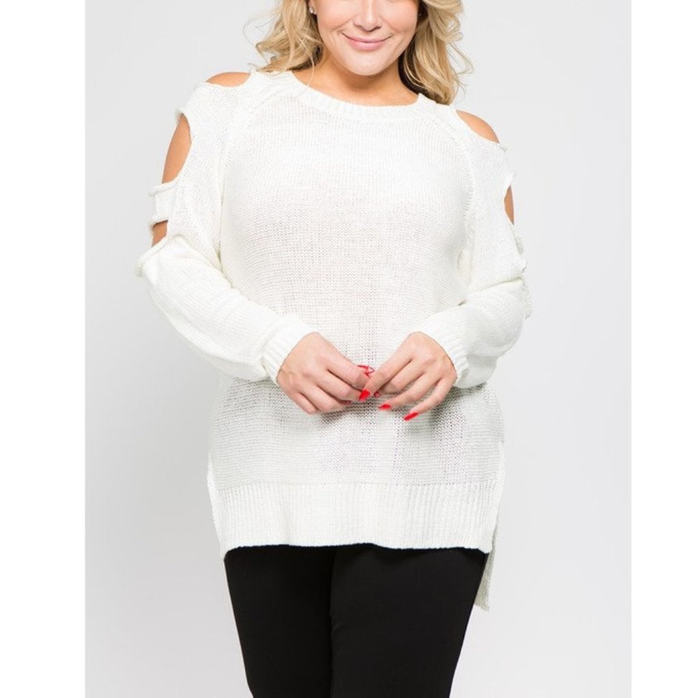 Plus Ivory Cut Out Cold Shoulder Sweater Tunic Top - Picture 3 of 6